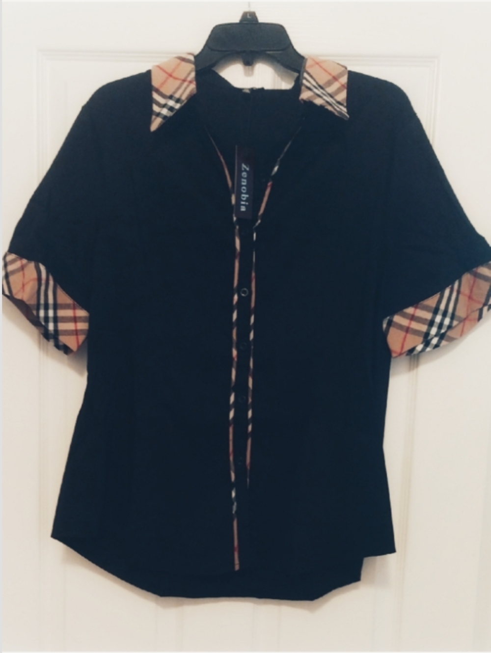 Zenobia Black Shirt with Popular Print Tan/Black /Red/White Plaid Trim